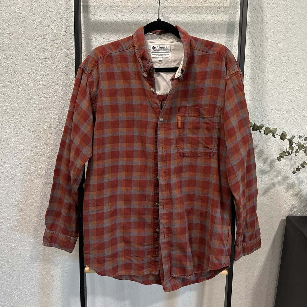 Columbia Men's Red Orange Plaid Long Sleeve Flannel